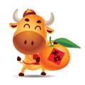 Chinese new year 2021. Cartoon cute ox carrying big mandarin tangerine orange with Chinese letter. Royalty Free Stock Photo