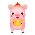 Chinese new year. Cartoon pig hold golden yuanbao boat. Vector illustration for 2019 year of pig