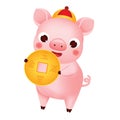 Chinese new year. 2019 Cartoon pig hold lucky golden coin. Vector illustration. hieroglyphs mean wealth, luck and happiness