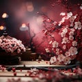 Chinese New Year celebration background with flowers. Asia traditional cultural decoration. Copy space Royalty Free Stock Photo