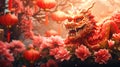 Chinese New Year celebration in China Town, traditional zodiac sign dragon on background of flowers, paper red lanterns Royalty Free Stock Photo