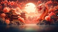 Chinese New Year celebration in China Town, traditional zodiac sign dragon on background of flowers, paper red lanterns Royalty Free Stock Photo