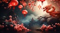 Chinese New Year celebration in China Town, traditional zodiac sign dragon on background of flowers, paper red lanterns Royalty Free Stock Photo