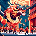 Chinese New Year celebration in Chinatown, people walking with dragon and lanterns, flat vector illustration. Generative AI