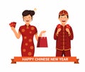 Chinese new year celebration. people holding money gift aka angpao character concept in cartoon illustration vector