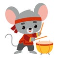 Chinese new year character mouse and drum. Cartoon vector illustration for children