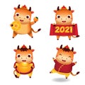 Chinese new year characters. Ox collection for 2021 celebration. Happy Cartoon bulls in poses. Cows with yuanbao, coin and other