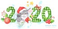 2020 New Year and Christmas banner with hand painted white and green patterned watercolor numbers and cute grey mouse, rat in a re