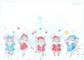 2020 New Year, Christmas greeting card with hand painted watercolor dancing ballet cartoon mice, rats in red and blue costumes wit
