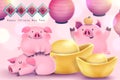 Chinese new year with chubby pigs and gold ingot, welcome spring written in Chinese characters on glittering pink background