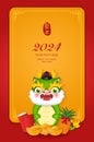 Chinese new year of cute cartoon dragon and pineapple golden ingot red envelope. Chinese translation : New year