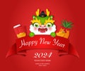 Chinese new year of cute cartoon dragon ribbon template and pineapple golden ingot coin red envelope