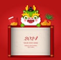 Chinese new year of cute cartoon dragon scroll reel template and pineapple golden ingot red envelope
