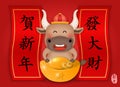 2021 Chinese new year of cute cartoon ox and spring couplet. Chinese translation : Happy new year and Make a fortune