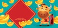 Chinese New Year 2021. Cute cow holdings Chinese couplet with large amount of gold ingots falling down Royalty Free Stock Photo