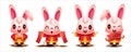 2023 Chinese New Year. Cute little rabbit greeting hand and holding blank red Chinese scroll. Year of the rabbit zodiac character Royalty Free Stock Photo