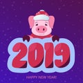 Chinese New year 2019. Cute pig on the violet gradient background. Horoscope. Christmas banner. Cartoon vector illustration. Print Royalty Free Stock Photo