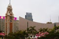 Chinese New Year decoration near the Hong Kong Cultural Centre with the Former Kowloon-Canton Railway Clock Tower