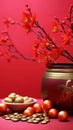 Chinese New Year decoration on a red background. Flowers of good fortune and lump of gold. Chinese new year festival