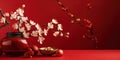 Chinese New Year decoration on a red background. Flowers of good fortune and lump of gold. Chinese new year festival