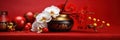 Chinese New Year decoration on a red background. Flowers of good fortune and lump of gold. Chinese new year festival