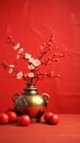 Chinese New Year decoration on a red background. Flowers of good fortune and lump of gold. Chinese new year festival