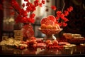 Chinese New Year decorations, featuring shimmering gold sycees symbolizing wealth. AI Generated