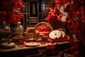 Chinese New Year decorations, featuring shimmering gold sycees symbolizing wealth. AI Generated