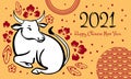 Chinese New Year 2021 design template with wishing. The Year of the Ox. Vector hand drawn ink sketch illustration with lying cow