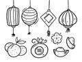 Chinese New Year doodle elements set. Black and white colors vector illustration. Royalty Free Stock Photo