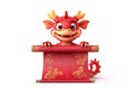 Chinese New Year , dragon cartoon hold red paper scroll in white background. Generative ai