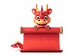 Chinese New Year , dragon cartoon hold red paper scroll in white background. Generative ai