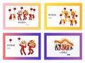 Chinese New Year Dragon Festival Landing Page Set. Man Dance in Red Costume. Happy Traditional Asian Holiday