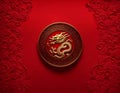 Chinese New year 2024, Dragon Zodiac Sign with Lunar Lantern paper cut on Red background, gold details, AI Generation