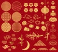 Chinese new year elements. Festive asian ornaments, patterns in oriental style. Clouds, moon and bamboo, sakura and Royalty Free Stock Photo