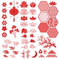 Chinese new year elements. Festive oriental asian style. Red cloud, flowers and moon, bamboo and sakura, lotus leaves Royalty Free Stock Photo