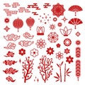 Chinese new year elements. Red asian traditional pattern, cloud and decorative lotus flower. Oriental lanterns, sakura