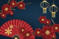 Chinese New Year festival banner design with red folding fans with golden lantern and flower branches on dark blue background for Royalty Free Stock Photo