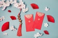 Chinese new year festival decoration over blue background. Traditional lunar new year flat lay Royalty Free Stock Photo