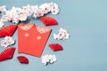 Chinese new year festival decoration over blue background. Traditional lunar new year flat lay Royalty Free Stock Photo
