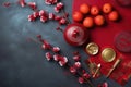 Chinese New Year festival decorations, mandarins, flowers, envelopes . Flat lay, top view. AI Generated Royalty Free Stock Photo