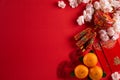 Chinese new year festival decorations pow or red packet, orange and gold ingots on a red background. Chinese characters FU in the Royalty Free Stock Photo