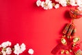 Chinese new year festival decorations pow or red packet, orange and gold ingots or golden lump on a red background. Chinese Royalty Free Stock Photo