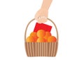 Envelope red orange and basket in hand and chinese new year on white background