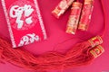 Chinese New Year festive firecracker pendants and red envelopes.The Chinese characters in the picture mean `happiness`