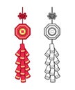 Chinese new year firecrackers outline and colored set vector illustration. Celebration traditional fireworks hanging crackers. Royalty Free Stock Photo