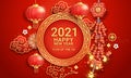 Chinese new year 2021. Firecrackers with paper lanterns and flower on greeting card background the year of the ox. Vector