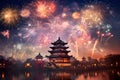 Chinese New Year fireworks display lighting up the night sky in a burst of colors. AI Generated Royalty Free Stock Photo