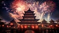 Chinese new year fireworks over the Chinese temple Royalty Free Stock Photo