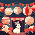 Chinese New Year flat . Festive lanterns, red paper lanterns and cute white rabbit sitting on the floor. Generative AI